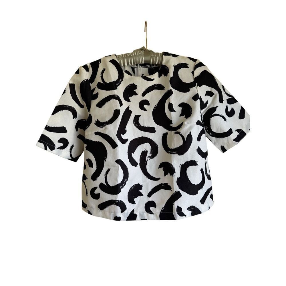 Choies vintage 90s white black swirl short sleeve boxy retro blouse artsy abstra